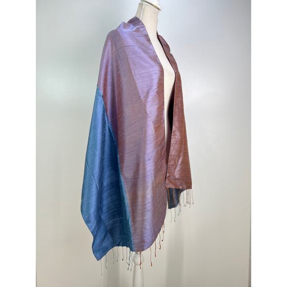 Silk Shantung Wrap Scarf Blue Orange Lightweight Cocktail - Picture 2 of 8